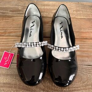 Nina Black Flat Patent Leather Kids Girls Shoes with Pearl Strap NEW Size 3M